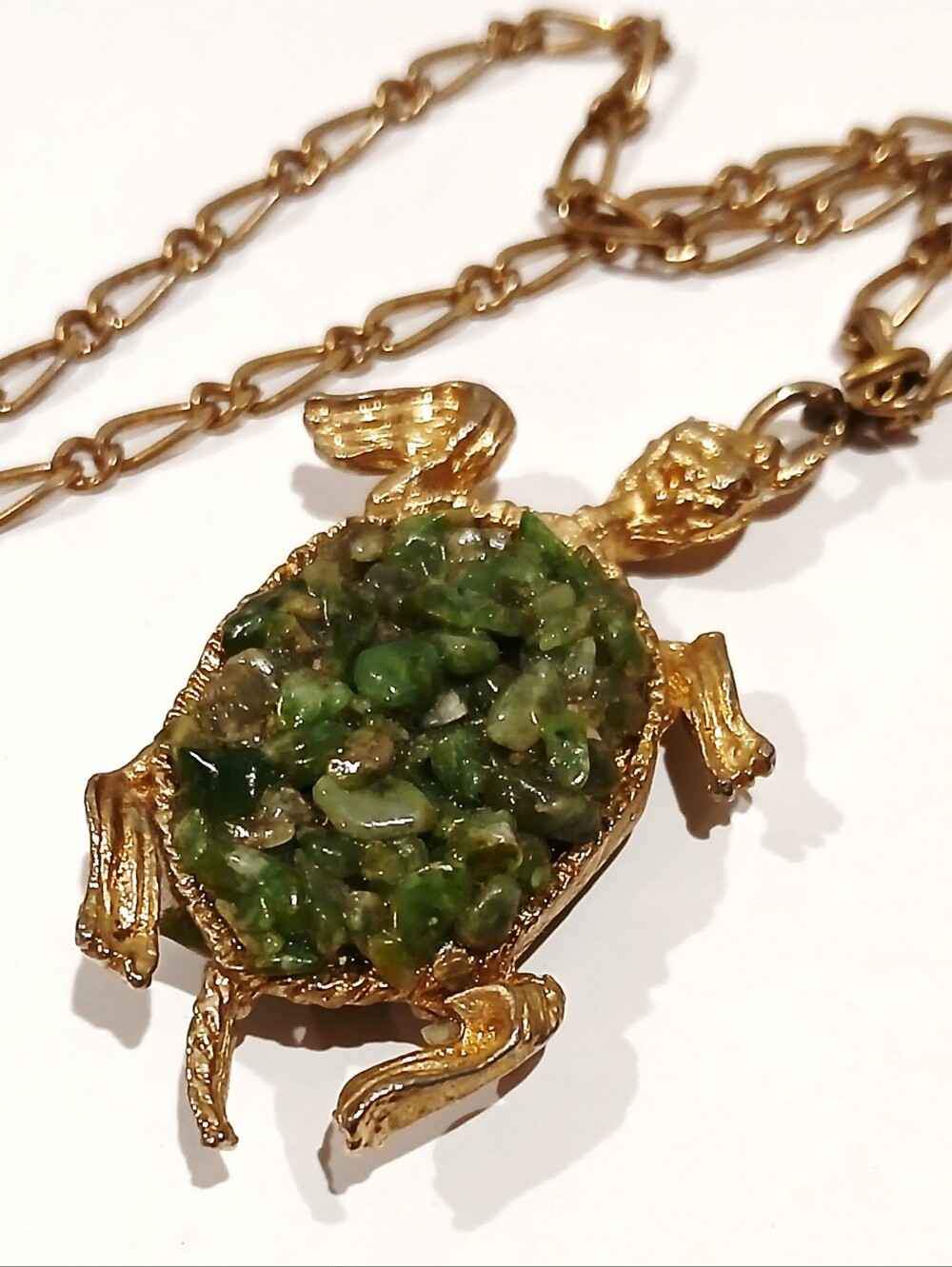 Goldtone Turtle Pendant Necklace with Green Stone Mosaic - Pets Reptile Inspired - Picture 6 of 7